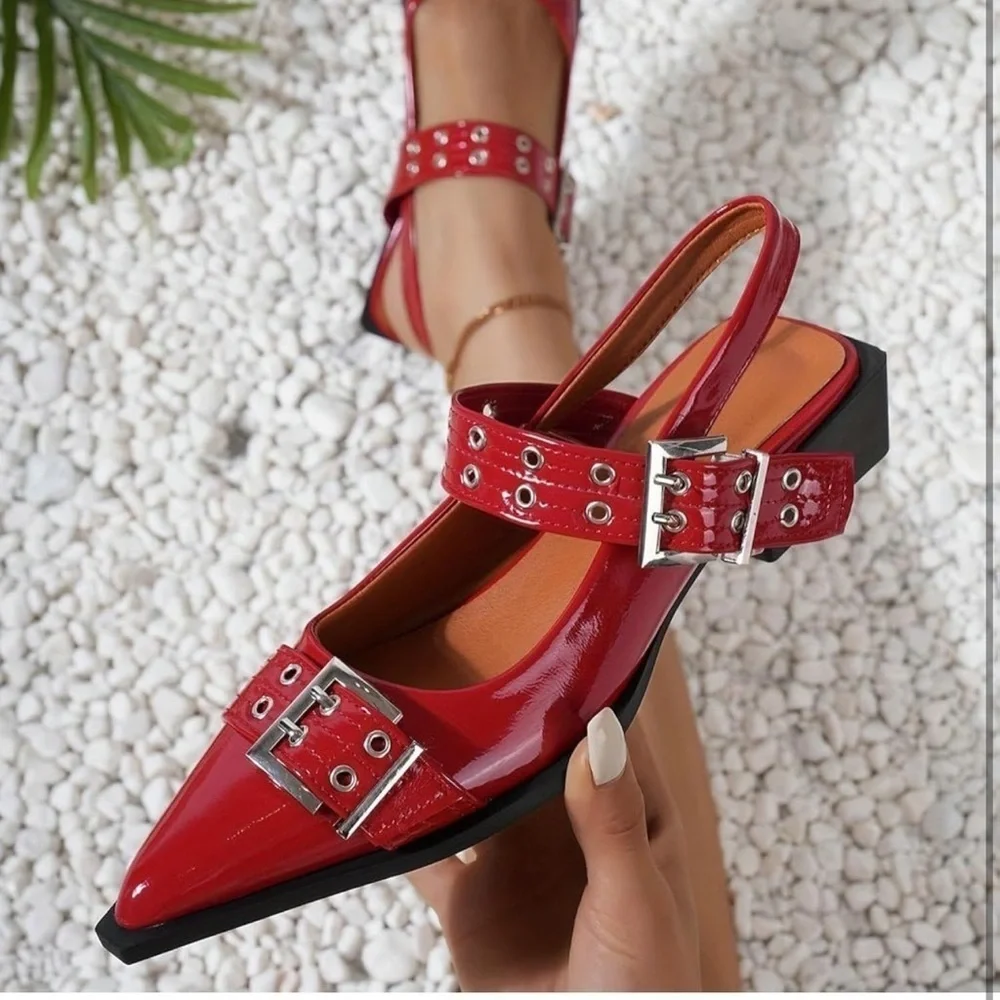 Red Patent leather Flats chunky buckle with silver detail size 44 EU size 13.5